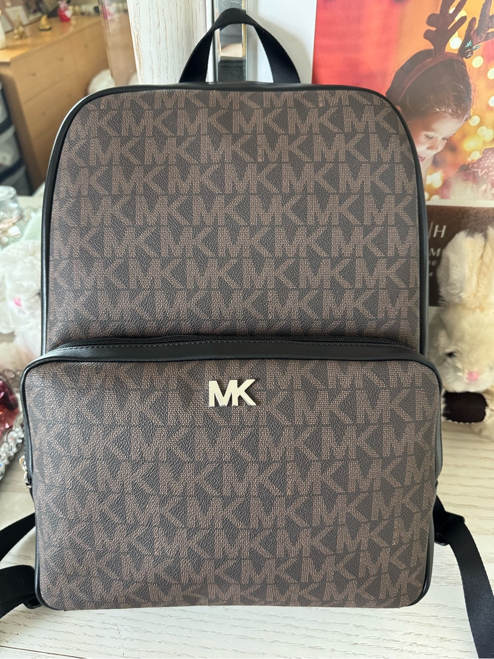 Michael Kors Everett Brown MK Monogram Backpack with Black Trim